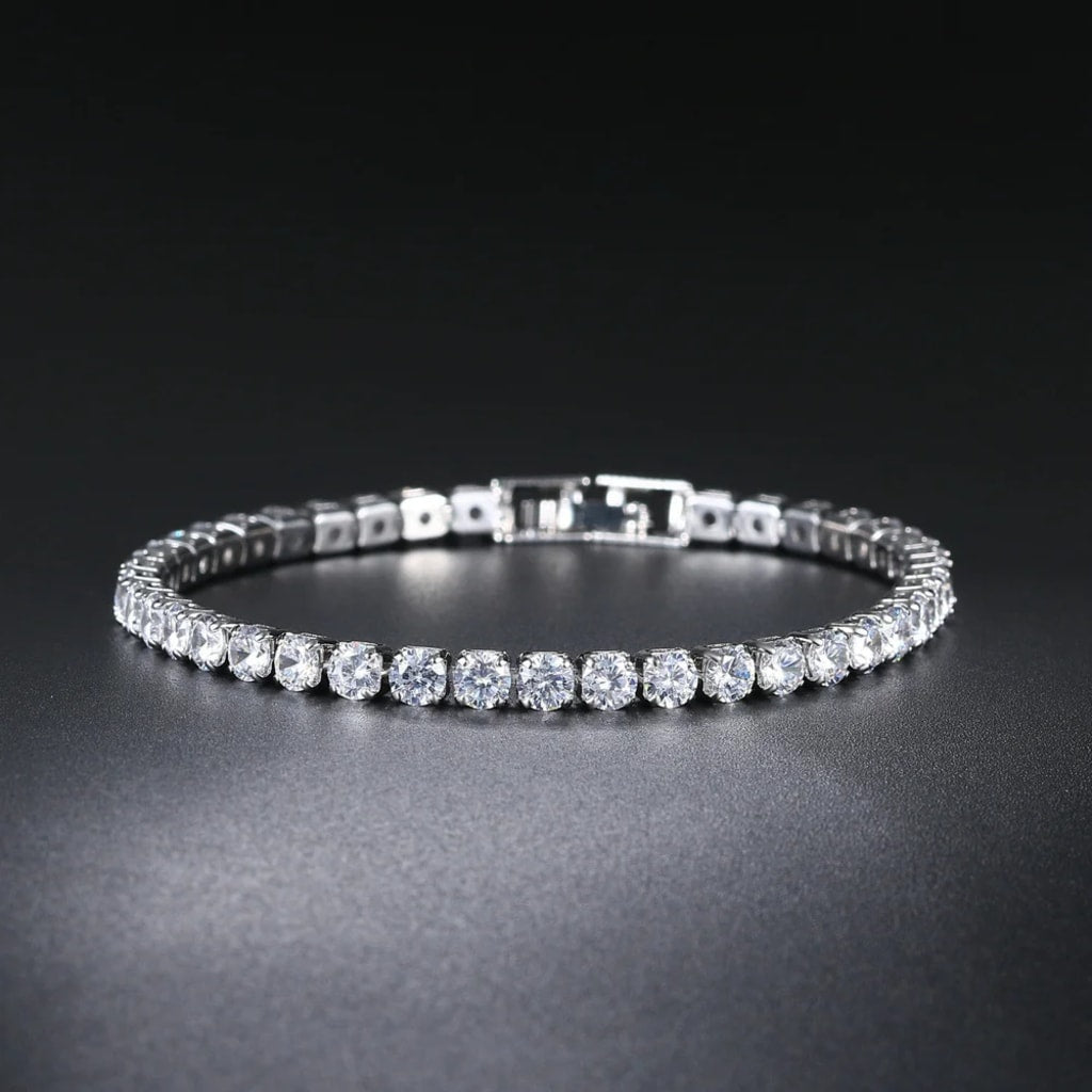 This tennis bracelet is made from 925 sterling silver with a white gold plated finish. It has a simple and elegant design that fits any style. Light, comfortable, and easy to wear every day or on special occasions.