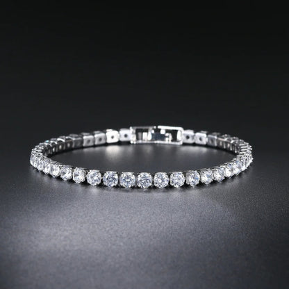 This tennis bracelet is made from 925 sterling silver with a white gold plated finish. It has a simple and elegant design that fits any style. Light, comfortable, and easy to wear every day or on special occasions.
